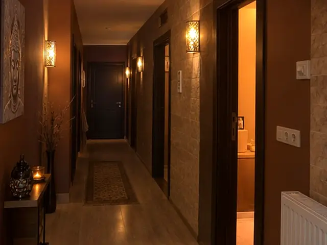 Aplik ışıklı, halılı ve sıcak tonlu koridor — Kemerburgaz, Masaj Salonun
